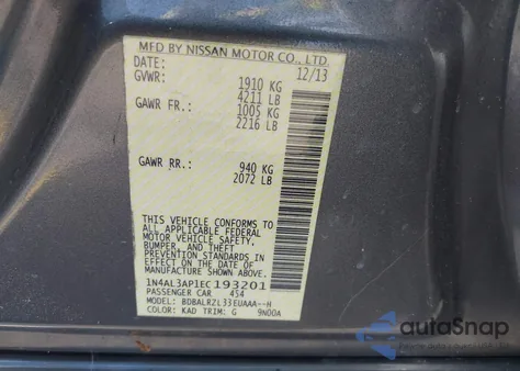 2014 Nissan Altima 2.5 S from USA, damaged, VIN 1N4AL3AP1EC193201